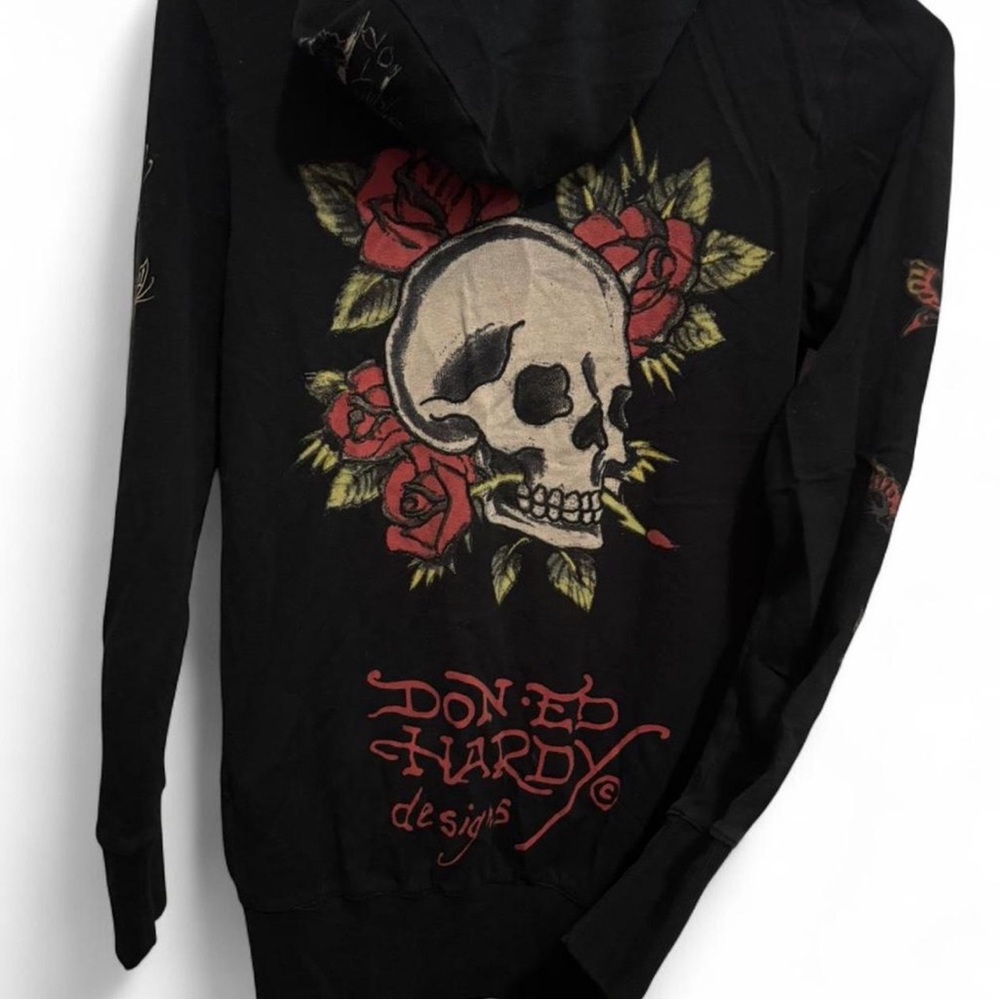 Ed Hardy “Dedicated” Skull & Roses Black zip up Hoodie with details Size: small